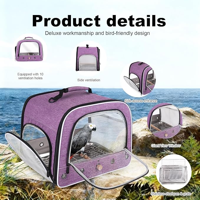 halinfer Bird Travel Carrier Cage for Large Size Parrot, Portable Bag with Metal Tray and Grid to Carry and Transport Medium and Large Birds Like African Grey, Long Tail Cockatiel and Parrot