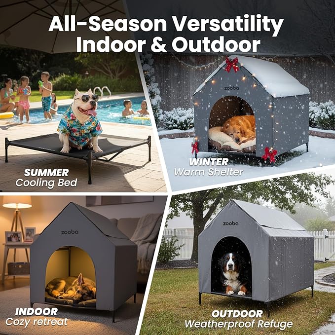 29" 2-in-1 Dog House for Medium Dogs, Elevted Dog House Outdoor/Indoor, Weatherproof Elevated Pet Shelter, Breathable Mesh & Steel Frame, Easy to Assemble & Clean(Grey)
