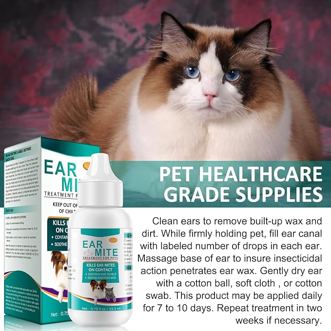 2 Pack Ear Mites Clean for Dogs & Cat, with Aloe Vera, Cat Ear Mite Treatment Cleaner on Contact & Soothes Itching, Vet-Recommended Formula for Pets Ear Cleaning, Fast-Acting