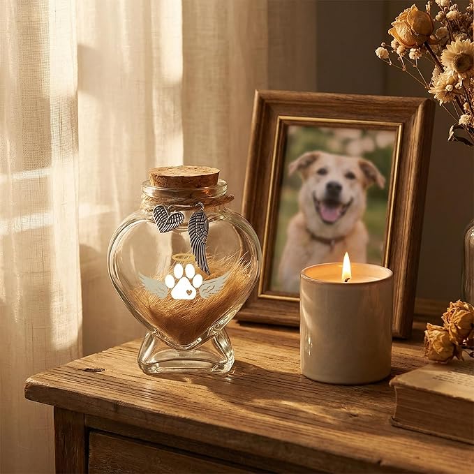 Loss of Dog Cat Pet Sympathy Gift, Memorial Bottle for Pet Hair, Pet Fur Keepsake, Heart-Shaped Glass Memorial Bottle, Dog Hair Keepsake, Dog Memory Memorial Keepsake