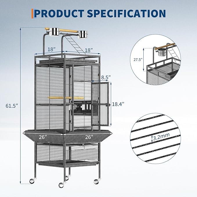 61" Tall Bird Cage - Large Bird Cage with Rolling Stand, Extra Wide Metal Parrot Cage with Play Top & Bowls, Flight Birds House for Macaws, Cockatoos, Conures, Parakeets, Lovebirds