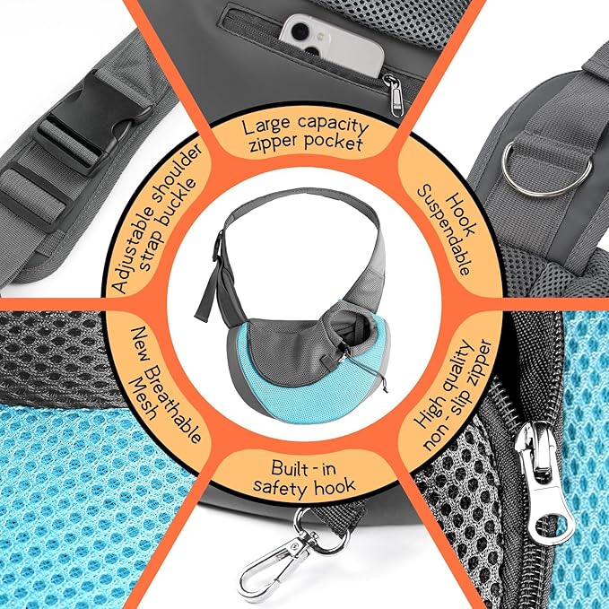 YUDODO Pet Sling Carrier for 5-9 lbs Small Dogs & Cats – Hands-Free Puppy Carrier with Safety Hook, Large Zipper Pocket, Soft Breathable Mesh, Adjustable Strap & Reflective Strip (Cyan 1.0 M)