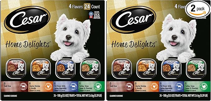 Cesar Home Delights Adult Wet Dog Food,Pot Roast with Spring Vegetables,Beef Stew,Turkey,Green Beans,& Potatoes,and Hearty Chicken & Noodle Dinner in Sauce Variety Pack,3.5 oz.,24 Count (Pack of 2)