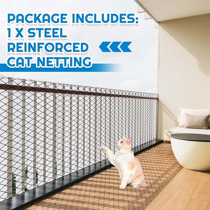 Steel Cat Netting Balcony, 10ft x 20ft Steel Reinforced Cat Wire for Balcony, High Strength Safety Pet Netting for Catio, Proof Screen for Pets, Strong Catio Protection Barrier Mesh Fence