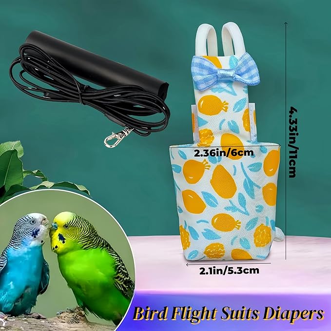 2Pcs Bird Diapers Bird Harness Flight Suits Diapers with 2Pcs 80 Inch Flying Leash Parrot Nappy Pigeon Pants Urine Wet Suit for Cockatiel Conure Macaw Budgies Parakeet-Bowknot&Lemon