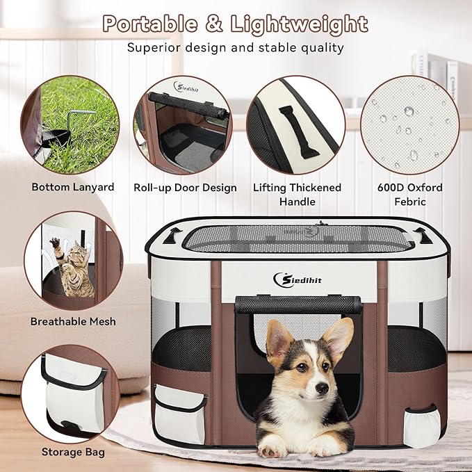 Dog Playpen,Cat Pet Puppy Pen,Portable Playpens for Dogs Indoor Outdoor Travel Camping Use,Foldable Dog Kennel Tent Crate for Rabbit Small Animals with Carrying Case (Brown, Medium)