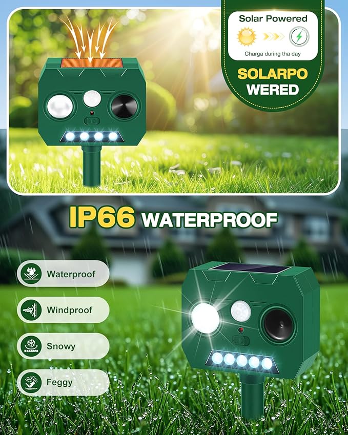 Solar Ultrasonic Animal Repellent Outdoor, 2 Pack Cat Repellent Outdoor Deer Repellent Devices with PIR Motion Sensor ＆ LED Flash, Waterproof Squirrel Repeller, Cat, Raccoons, Rabbits, Deer, Skunk