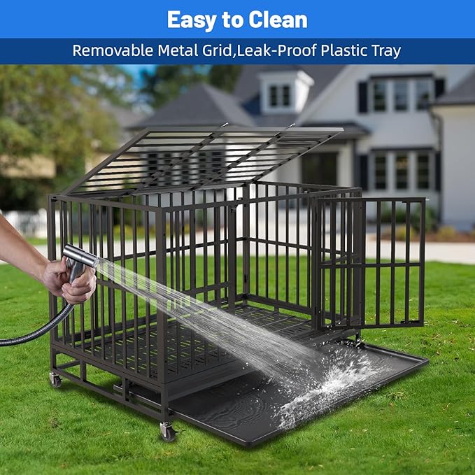 38 Inch Heavy Duty Indestructible Dog Crate, XL Steel Escape-Proof Kennel for Large Dogs, Double Door Design with 4 Locking Wheels & Reinforced Baseplate, Ideal for High-Anxiety Dogs
