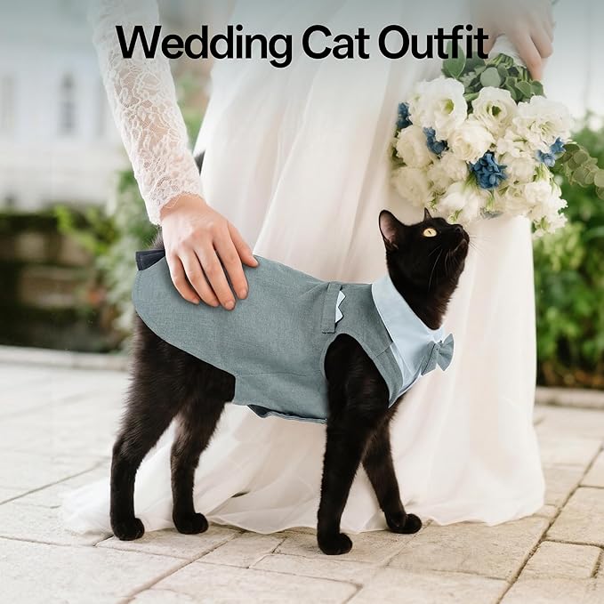 PUMYPOREITY Cat Tuxedo Suit Formal Wear with Bow Tie, Soft Skin-Friendly Cat Costumes for Cats Only, Elegant Outfit for Male Female Cats, Perfect for Wedding Birthday Photo Shoots, L, Grey