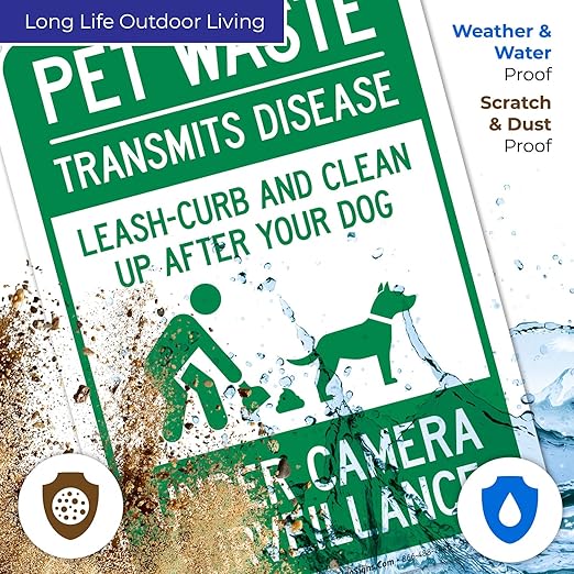 Pet Waste Leash-Curb and Clean Up After Your Dog Under Camera Surveillance Sign, 10x7 Inches, 55 mil Thick HDPS (high Density polystyrene), Made in USA