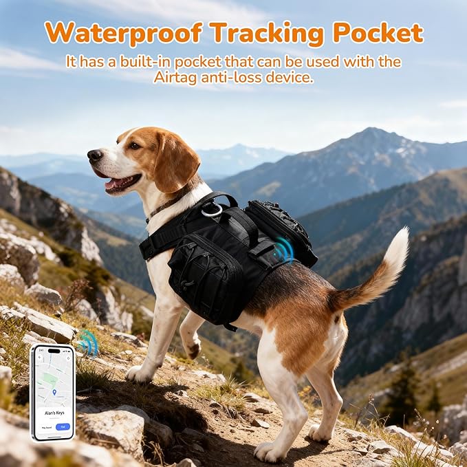 Medium Dog Harness Backpack, No Pull Adjustable Dog Vest with Handle & Leash Ring, Lightweight Dog Backpack with Side Pockets for Walking, Training & Day Hikes, Black, M