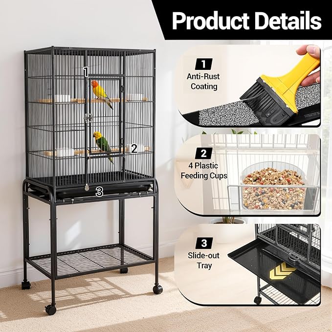 Bird Cage with Wheels, 53 Inch Bird Flight Cage, Wrought Iron Standing Large Parrot Parakeet Flight Birds Cages with Slide Out Tray Parrot Metal Parakeet Cages with Wooden Perches Black
