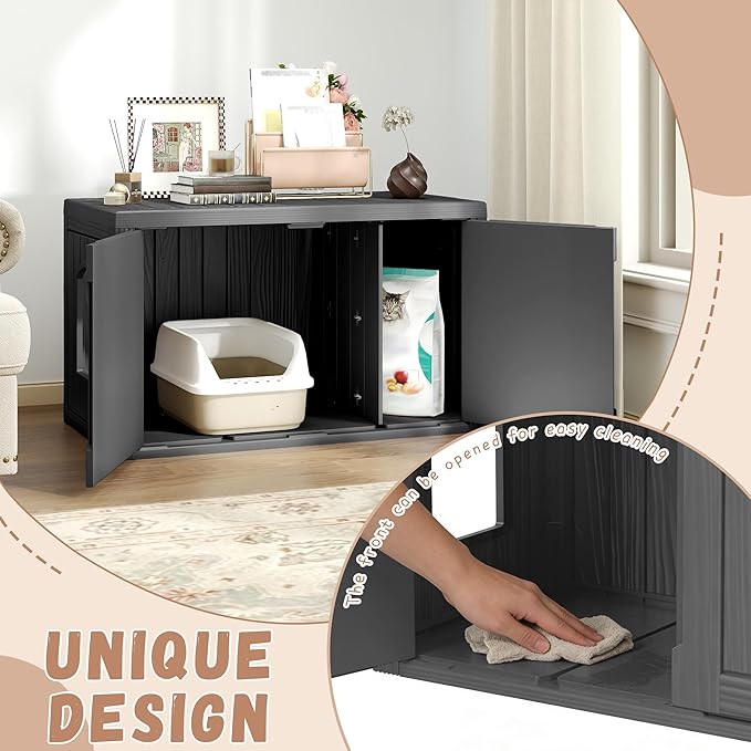 Hidden Cat Litter Box, Cat Litter Box Enclosure Furniture with Double Door, Indoor Outdoor Cat House, Adjustable Partition & Side End Table Design, Easy to Clean & Assemble(Black)