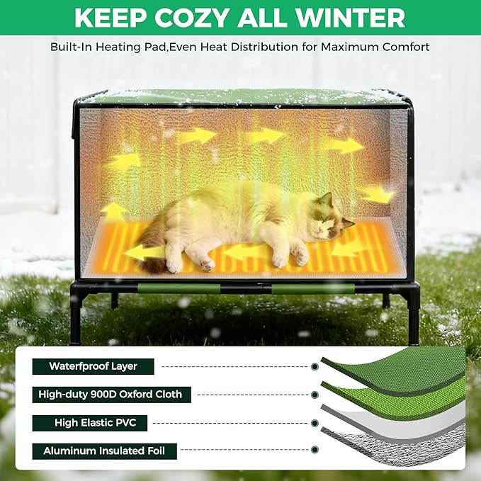 Heated Cat House for Outside Use 900D Oxford Cloth, Outside Cat House Weatherproof with Remote Control Heated Pad, Insulated Cat Houses with Removable Feet to Isolate Moisture, Against Extreme Weather