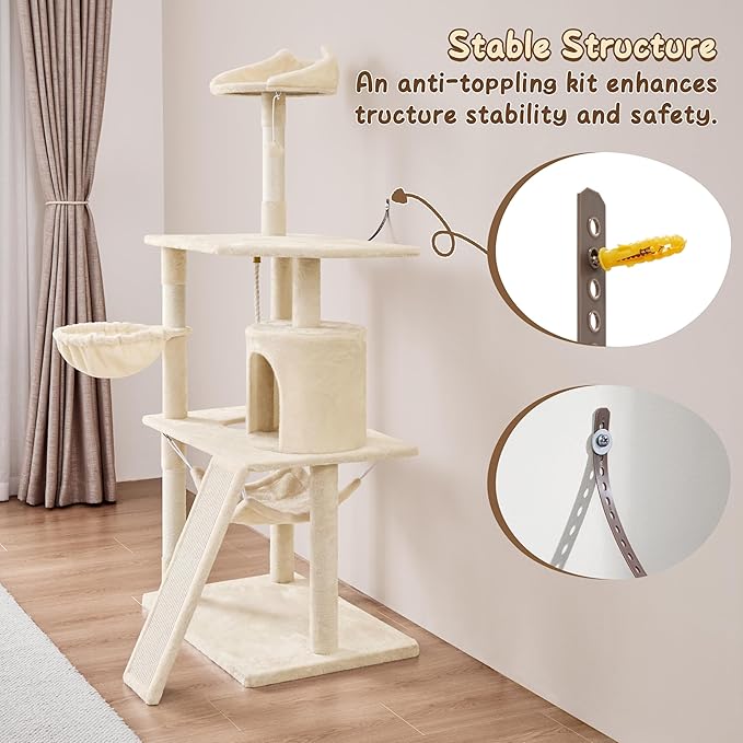 Yaheetech 63.5in Extra Large Cat Tree Condo with Sisal-Covered Scratching Post Plush Perch Hammock, Cat Tower Activity Center Kitten Furniture Play House