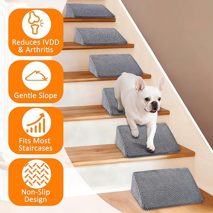 Dog Ramp for Stairs for Small & Senior Dogs and Cats – Non-Slip Stair Wedges for Dogs with Gentle Slope, Pet Ramp with Washable Cover & Self-Sticky Pads for Safe Climbing (Gray, 6 Pack)
