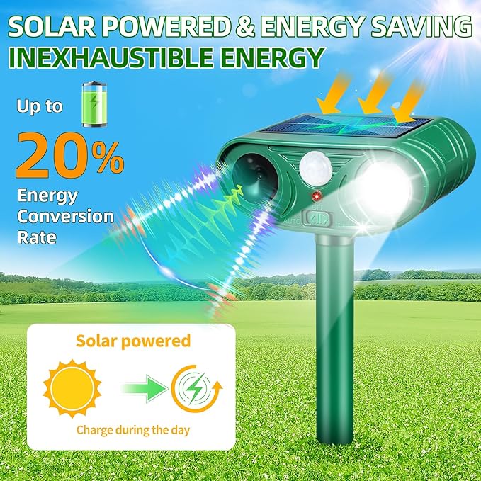 2026 Solar Ultrasonic Animal Repellent Sonic Fortress Pro Raccoon Repellent Cat Repeller Deer Deterrent with Flash Light Motion Sensor to Keep Squirrel Rabbit Dog Skunk Out of Garden Yard(4Pack)