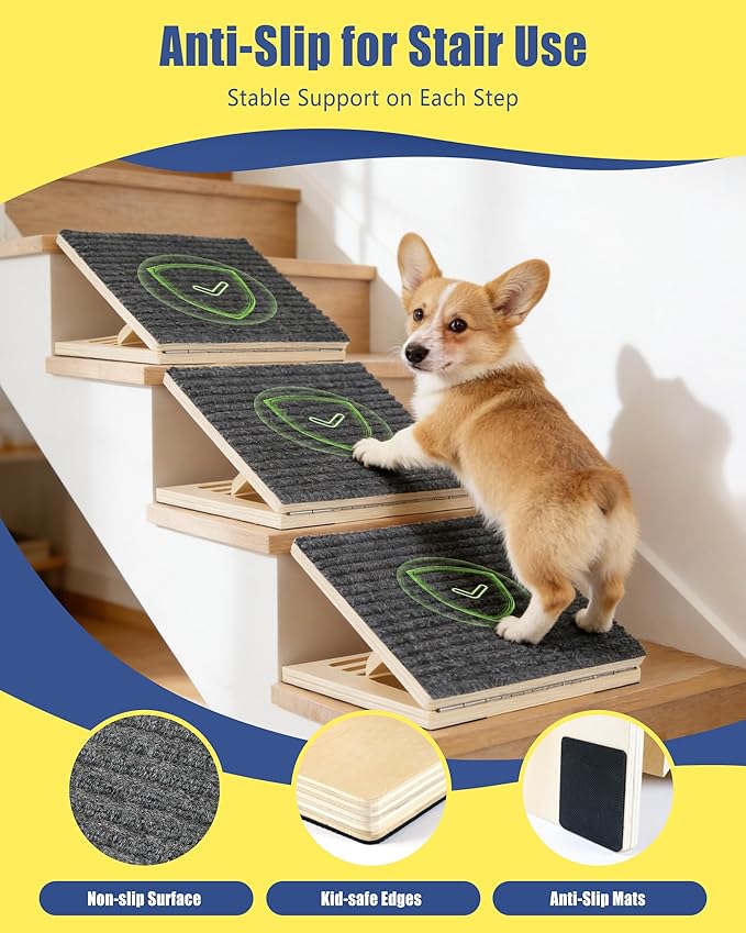 Pet Stair Ramp for Small Dogs, 4 Pack Foldable Wooden Dog Steps for Stairs, Anti-Slip Low-Angle Support for Senior, Short-Legged & Injured Pets