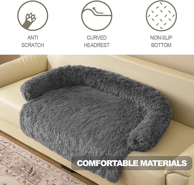 Calming Dogs/Cats Bed Mats, Dog Pad Washable Removable Couch Cover, Plush Long Fur Mat for Pets, Waterproof Lining, Perfect for Small, Medium and Large Dogs and Cats (Dark Gray, 45"x37")