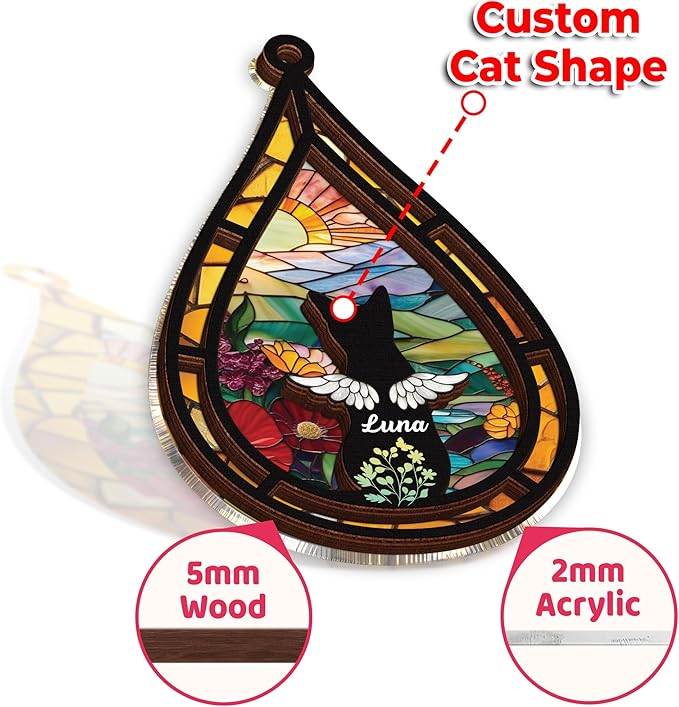 Personalized Angel Cat Memorial Suncatcher, Dog Cat Suncatcher Remembrance Gift, Engraved Pet Memorial Ornament, Pet Sympathy Keychain, Loss of Animal Sympathy Card, Rainbow Bridge Pet Loss Gift