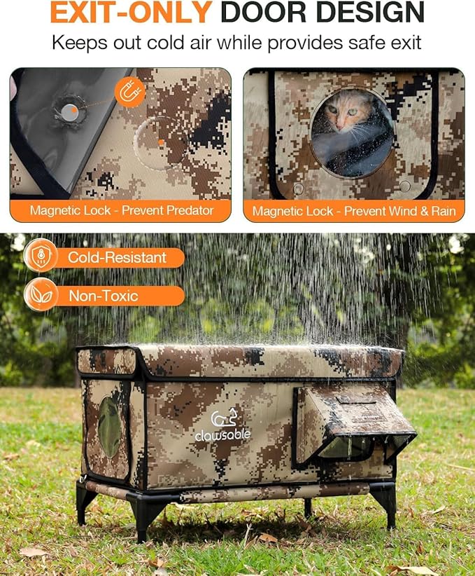 Indestructible Heated Cat House for Outside Winter, 100% Waterproof, Safe Escape Door, Insulated Outdoor Cat Shelter with Heater for Feral Barn Cat Kitty (Desert Camouflage, 13"x17"x18")