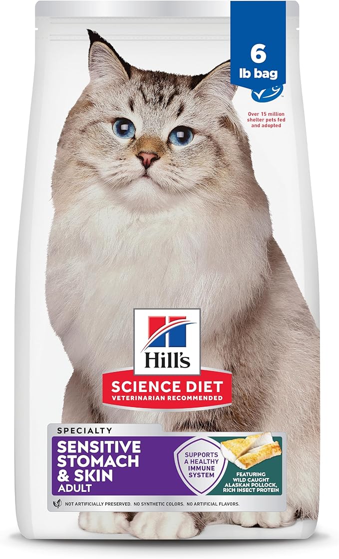 Hill's Science Diet Adult 1-6 Sensitive Stomach & Skin Dry Cat Food, Pollock & Barley, 6 lb. Bag (Updated Formula)