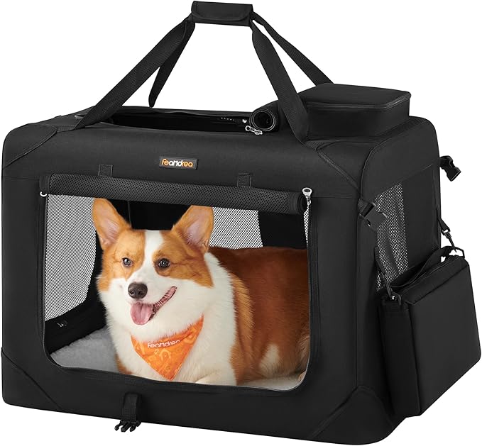 Feandrea 28 Inches Collapsible Soft Dog Crate, Portable Travel Dog Crate for Indoor and Outdoor Use, Dog Carrier Kennel with Safety Zippers, for Living Room, Car, Travelling, Black UPDC70H