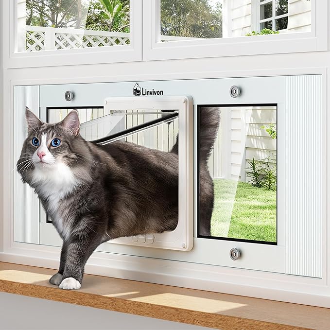 Cat Door for Window, Quick Installation Adjustable Width of 31"-36", Cat Window Door with 4 Locking Modes, Magnetic Closure Design, Weatherproof Aluminum Frame Cat Door Window Insert