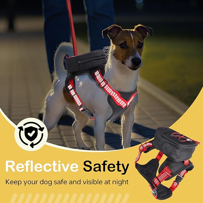 Adjustable Backpack for Small Dogs, Dog Backpack Harness with Reflective Leash, Built in Poop Bag Dispenser, Detachable Dog Back Pack for Outdoor Adventures, Puppy Training, Walking(Black,Large)