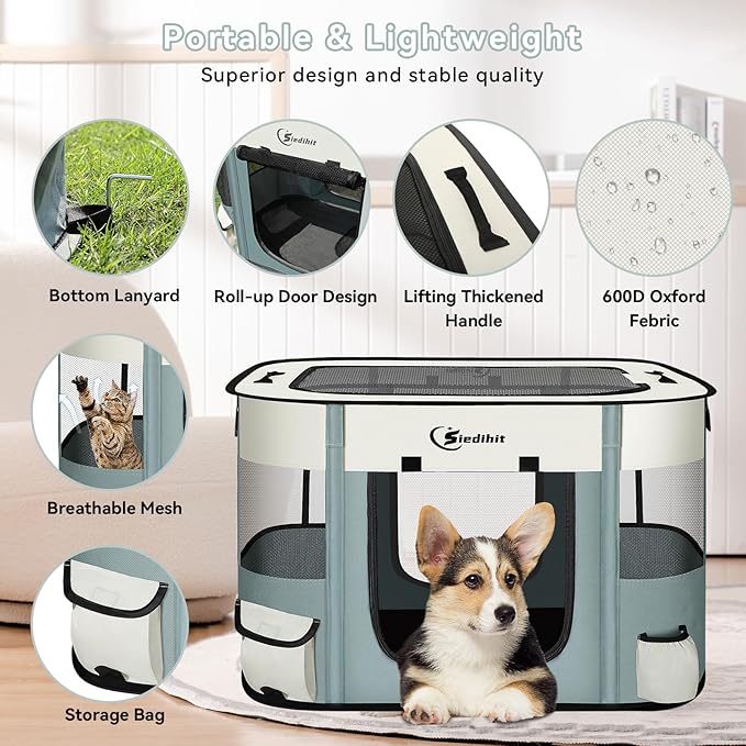 Dog Playpen,Cat Pet Puppy Pen,Portable Playpens for Dogs Indoor Outdoor Travel Camping Use,Foldable Dog Kennel Tent Crate for Rabbit Small Animals with Carrying Case (Grey, Large)