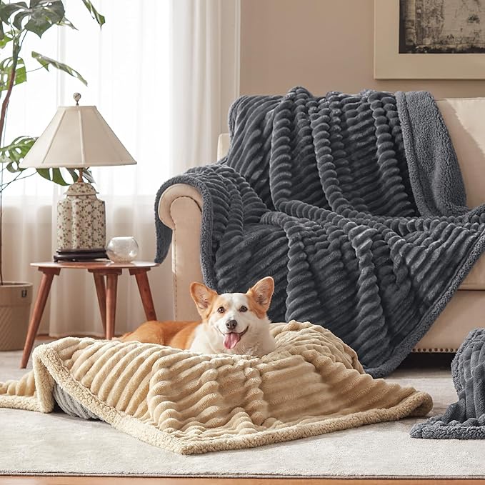 Waterproof Dog Blanket for Large Dogs, Washable Soft Puppy Cat Blanket Flannel Cotton Velour for Sofa Couch Protector, Comfort & Security Reversible Bed Protection for Pet, 60"X80", Gray
