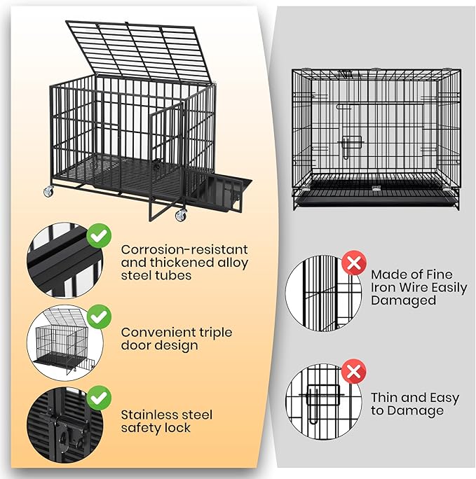 42 Inch Heavy Duty Dog Crate with Wheels, Escape Proof Metal Kennel with 3 Doors & Removable Tray for Large Medium Dogs, Black