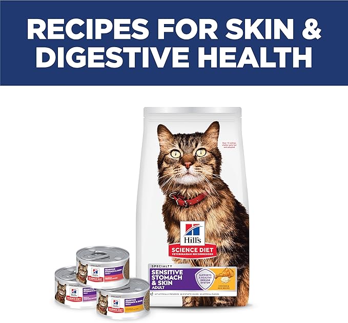 Hill's Science Diet Adult 1-6 Sensitive Stomach & Skin Dry Cat Food, Chicken & Rice, 15.5 lb. Bag (Updated Formula)