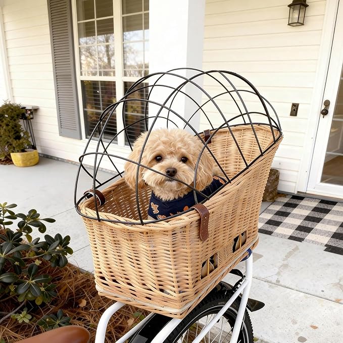 Dog Bike Basket Safe Portable Pet Bicycle Carrier for Small Dog Cat Natural Wicker with Protective Grille Luggage Rack Seat Ice Pad Comfort Cotton Cushion for Daily, Rides, Farmers'Markets Brown