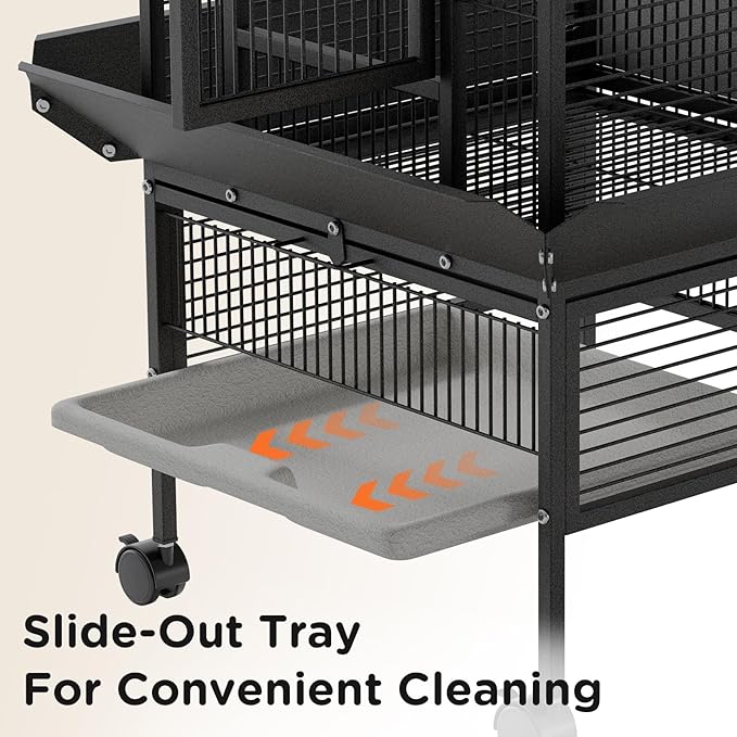 60 Inch Large Bird Cage - Wrought Iron Bird Cage with Rolling Stand, Play Top, 4 Stainless Steel Bowls, Slide-Out Tray, Metal Parrot Cage for Cockatiel, Conure, Budgie, Lovebird - Black
