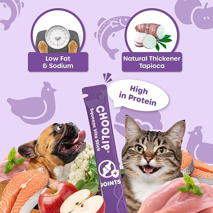 Choolip Squeeze Vita Stick Lickable Cat and Dog Treats, 49-Count Joint Support Variety Pack, Chicken and Salmon with MSM, Green-Lipped Mussel and Vitamin E