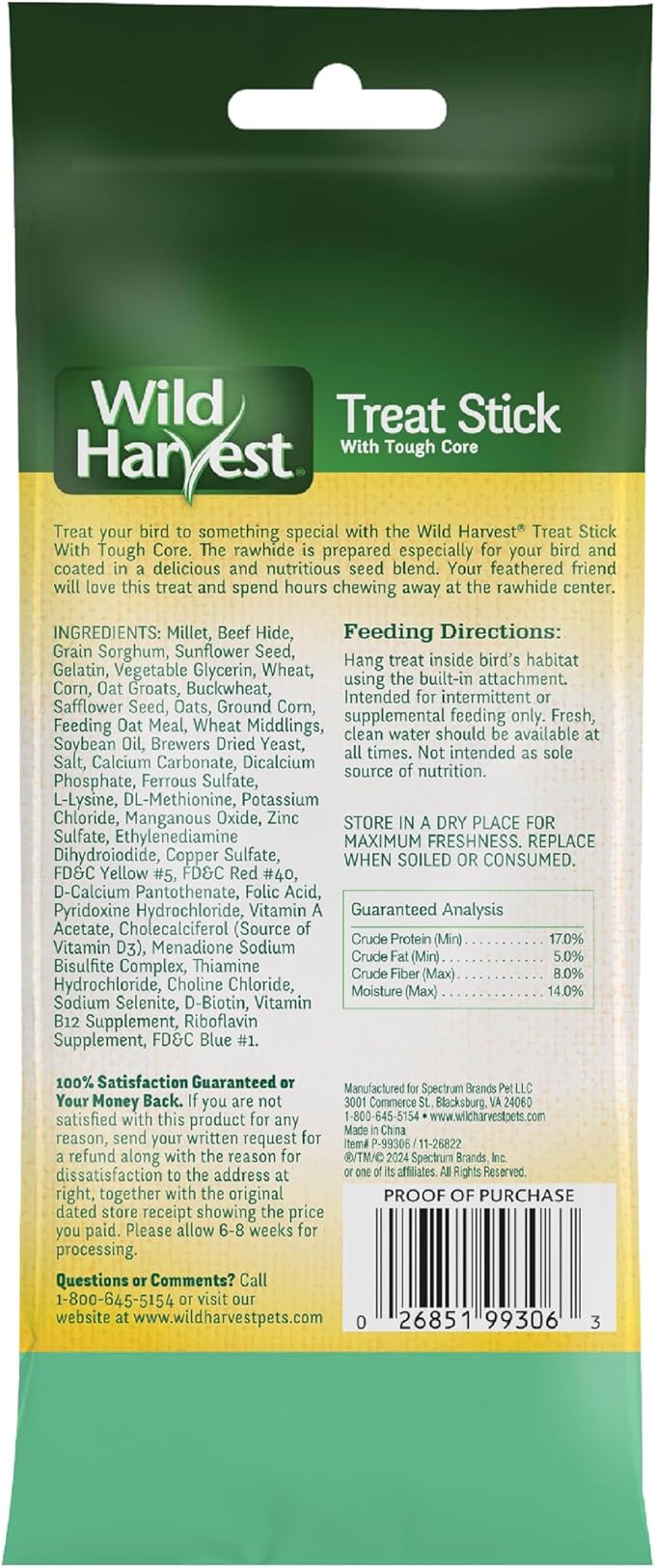 Wild Harvest Treat Stick with Tough Core for Small and Medium Birds, 1 oz Count, 100% Edible Interactive Treat and Toy Made with Rawhide Prepared Especially for Birds (Pack of 6)