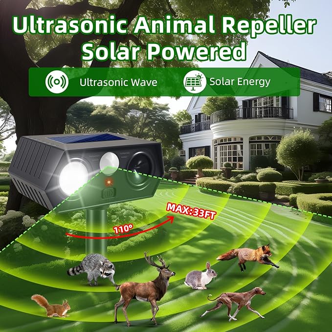 2026 New Racoon Squirrel Sonic Fortress Pro Cat Repellent Outdoor, Solar Ultrasonic Animal Repeller Deer Deterrent with Motion Sensor&Light to Scare Rabbit Skunk Dog Out of Garden Farm Yard(4Pack)