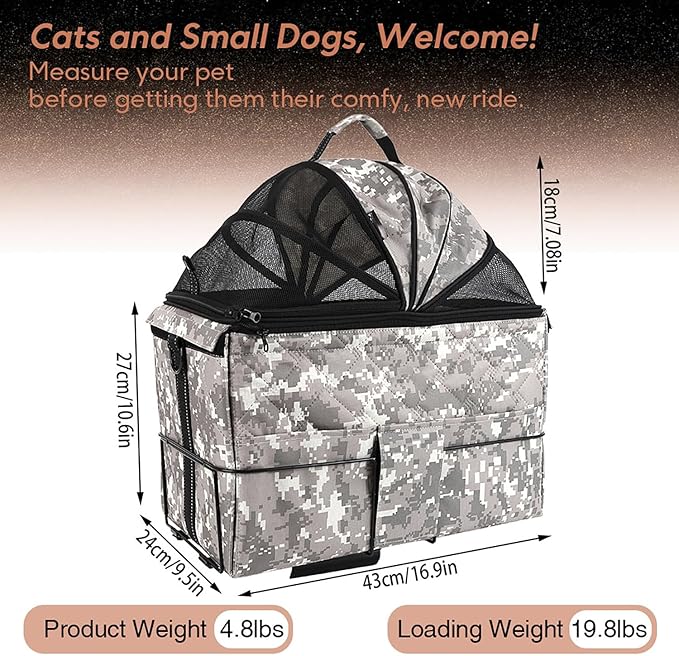 Bike Pet Carrier Rear Basket | Multi - Use As Backpack & Car Seat Cover | Sturdy Metal Frame
