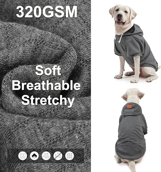 BEAUTYZOO Medium Dog Hoodie Sweater with Pockets, Dog Clothes for Small Medium Dogs Boy Girl, Waffle-Like Laminated Cotton Pet Coats with Hat and Leash Hole, Dark Grey XL