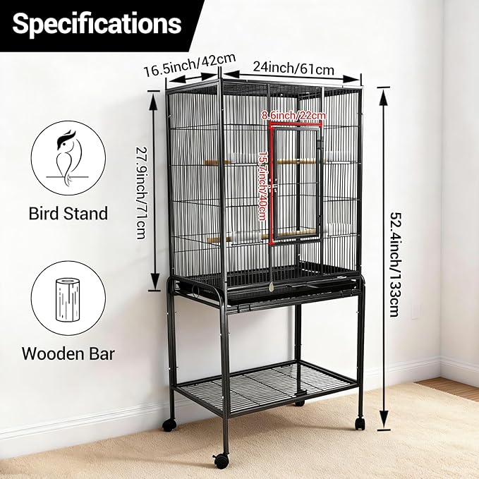 53 Inch Bird Cage with Wooden Perches, Standing Wrought Iron Birdcage Large Parrot Flight Bird Cage with Rolling Stand Birdcages for Cockatiels African Grey Quaker Lovebird Canary Budgie Finch Black