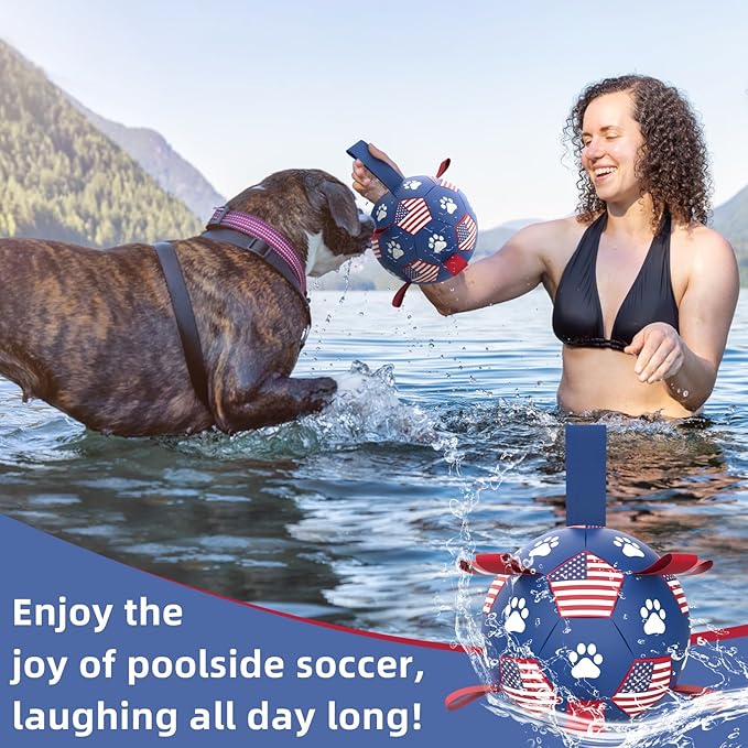 QDAN Dog Toys Soccer Ball with Straps, Durable Balls for Large Dogs, Beach Pool Dog Water Toy, Puppy Dog Birthday Gifts (8 Inch)