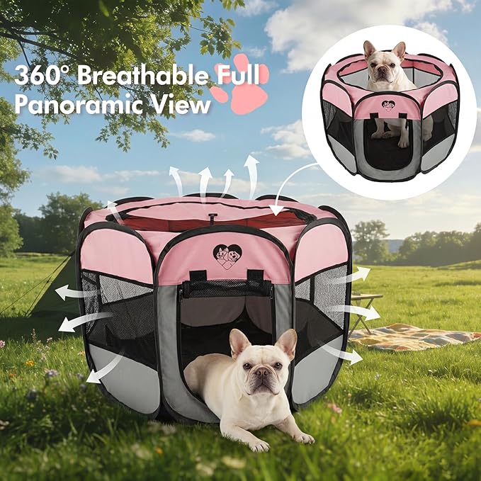 Dog Cat Playpen，Pet Cage - Indoor Outdoor, Portable Foldable Pop Up, Removable Zipper Top，Fits Dogs, Cats, Rabbits (Pink,M)