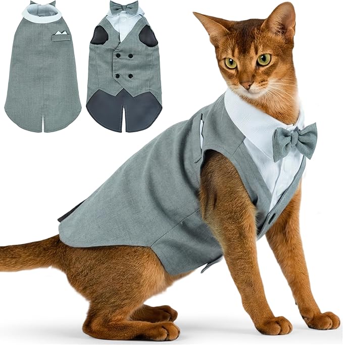 PUMYPOREITY Cat Tuxedo Suit Formal Wear with Bow Tie, Soft Skin-Friendly Cat Costumes for Cats Only, Elegant Outfit for Male Female Cats, Perfect for Wedding Birthday Photo Shoots, XL, Grey
