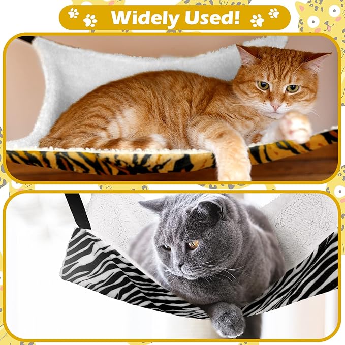 Jetec 2 Pack Cat Hammock for Cage, Catio Accessories Reversible Soft Cats Bed with Adjustable Straps and Hooks Double-Sided Linen and Fleece Hanging Hammock for Cats, Kitten(Zebra, Tiger Stripes,M)
