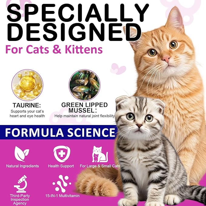 Cat Multivitamin Chews, 15-in-1 Multivitamin Cat Treats for Heart Health, Joint, Skin & Coat, Immune Digestive Support, Supplements & Vitaminsfor Cats, Chicken Flavour (30-Day Supply)