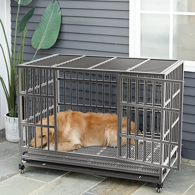 LEMBERI 48/42/38 Inch Heavy Duty Indestructible Dog Crate, Escape Proof Double Door Dog Kennel with Lockable Wheels, High Anxiety Extra Large Dog Cage Indoor Use, with Removable Tray