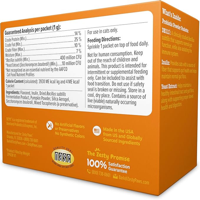 Zesty Paws Probiotics for Cats - Powder Meal Topper for Digestive, Immune System Support for Feline Biome - Premium DE111 Cat Probiotics for Digestive Health - Fiber & Yeast Extract - Pumpkin - 30 Ct