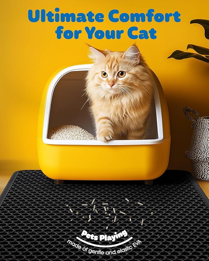 35" x 30" Cat Litter Mat - Ultra-Large Litter Box Mat with Double Layers, Urine-Proof and Non-Slip Litter Trapping Mat, Easy to Clean Kitty Litter Mats for Floor, Scatter Control, Black