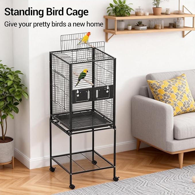 63 Inch Bird Flight Cage, Standing Wrought Iron Bird Cage with Rolling Stand, Wheels, Perches and Bird Feeder, Large Parrot Cage for Cockatiels, African Grey, Parakeets, Conures, Budgies, Lovebirds